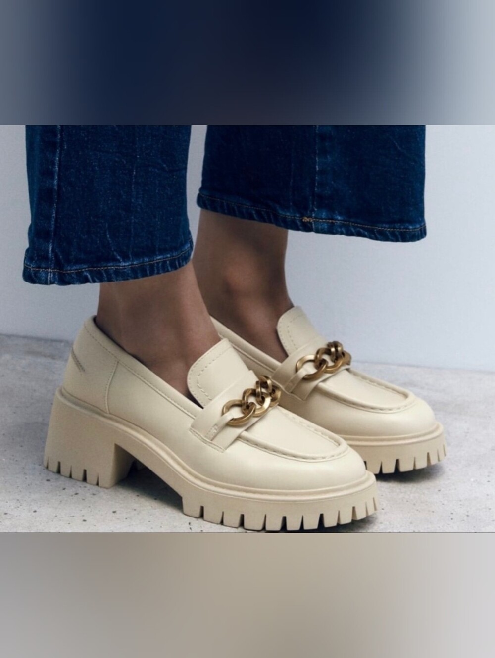 Zara Cream Chain-Detail Lug Sole Loafers Size 9-9.5Us